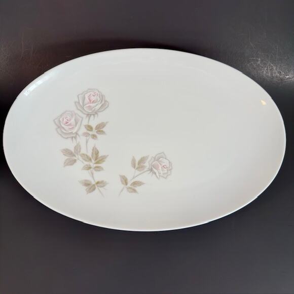 Noritake Edenrose 16" Oval Serving Platter Gray/Pink/White Roses VTG - Picture 1 of 9